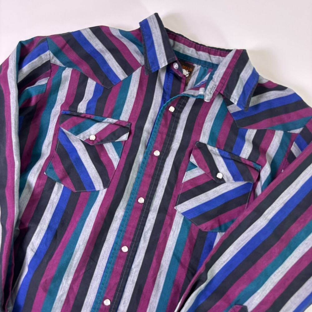Vintage 90s Karman Western Shirt Mens XL Pearl Snap Striped Rodeo Retro Colorful